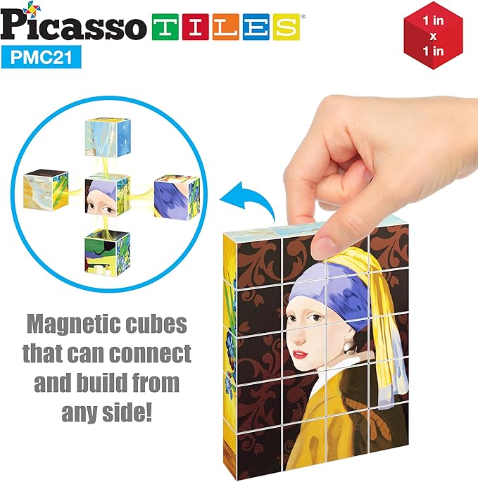 PicassoTiles 1” Magnetic Puzzle Building Cubes Blocks of Popular World Famous Art Paintings with Free Frame, Educational STEAM Toys for 3+ Year Old Boys Girls Toddlers Or Preschool Age Children PMC21