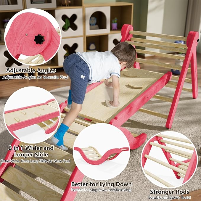 Pikler Triangle Set Climber 5 in 1, Toddler Climbing Toys Indoor Folding with Ramp & Arch & Mat for Montessori Play Gym for Toddlers and Kids (Pink)(105" Wx25 Dx31.5 H)