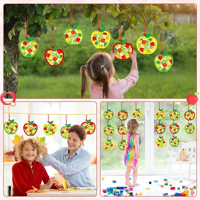 Qyeahkj 36 Set Fall Apple Suncatchers Crafts for Kids DIY Autumn Window Tissue Paper Craft Kit Hanging Decor for Classroom Home Activity Art Project Birthday Party Favor Gift