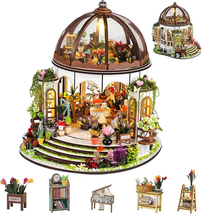 DIY Miniature House Kit,Green Garden Mini House Building Kit with LED & Furniture,Tiny House Dollhouse Kit for Adults Teen Hobby,Wooden Craft Mini Model Kit,Plants Lover Home Decor Birthday Gifts
