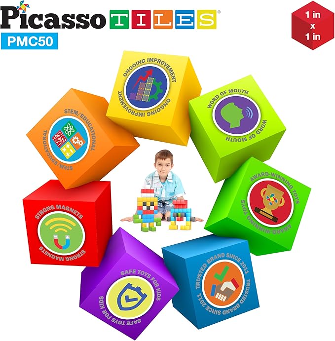 PicassoTiles Kids Pixel 1” Magnetic Puzzle Cube Mix & Match with Free Ideabook Sensory Toys STEAM Learning Building Block Magnets Construction Toy Set Stacking Magnet Creative Kit