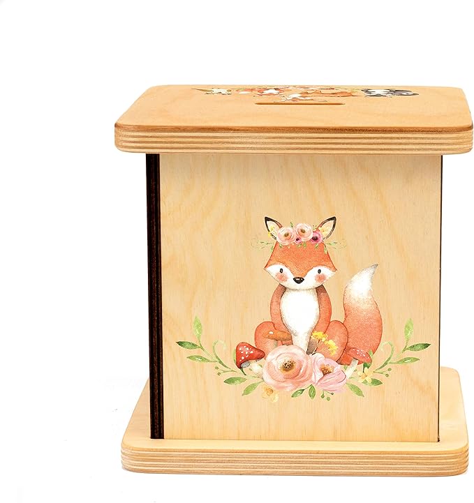 Wooden Piggy Bank for Kids and Adults, Personalized Gift Handmade in USA by BloomOwl, Custom Piggy Bank, Personalized Banks for Kids, Gifts for Baby Boys and Girls (Woodland- Girl)