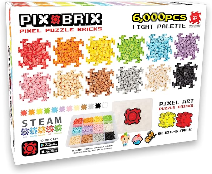 Pix Brix Pixel Art kit Puzzle Bricks – 6,000 Piece Pixel Art Container, 12 Color Light Palette – Interlocking Building Bricks, Create 2D and 3D Builds Without Water or Glue – Stem Toys, Ages 6 Plus