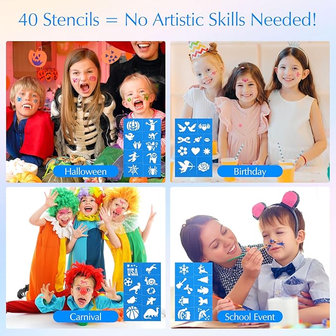 Kids Face Painting Kit, Non-Toxic Water-Activated 42 Vibrant Colors, 200 Glitter Gems & 40 Stencils & Brushes & Sponges | Gentle Face Paint Makeup Set for Halloween, Birthdays, Parties, Easy to Wash