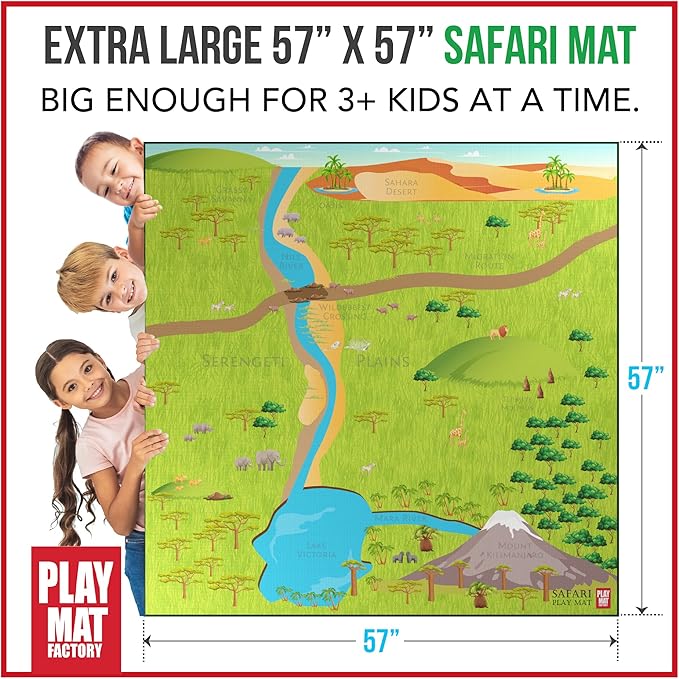 Safari Play Mat for Toy Animals | Foldable Solution |Large Size 57” x 57” | All Safari Animals | African Jungle Serengeti | Child Activity Mat | by Play Mat Factory