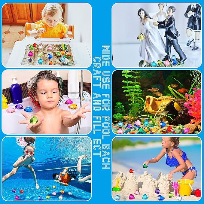 Hicarer 30 Pieces Diving Gem Pool Toys Colorful Big Diamond Pirate Treasure Diving Gems Acrylic Heart Gemstones Summer Beach Underwater Swimming Toys for Kids Swimming Party Favor Pool Training Gift
