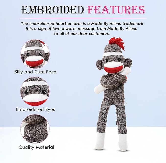 Adorable Sock Monkey, The Original Traditional Hand Knitted Stuffed Animal Toy Gift-for Kids, Babies, Teens, Girls and Boys Baby Doll Present Puppet (20" Brown)