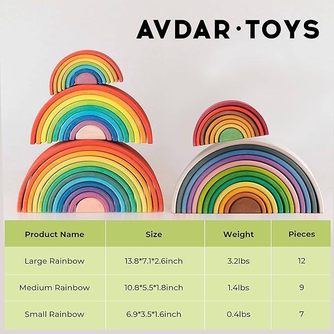 AVDAR 12Pcs Wooden Rainbow Stacker Toy, Extra Large Wooden Rainbow Stacking Toy, Montessori Nesting Puzzle for Kids