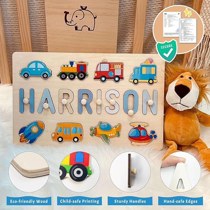 Name Puzzle for Kids Personalized, Custom Baby Gifts for Toddler 1-3, Wooden Alphabet Puzzle for Boy Girl 1st Birthday