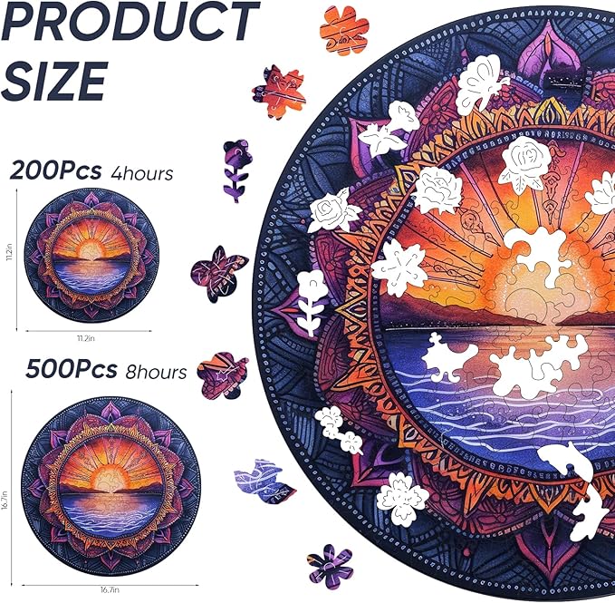 Wooden Puzzles for Adults, Sunset Ocean Jigsaw Puzzles, Magic Nature Art Puzzles 200 Pieces, Irregular Wood Gift for Adults Family Game (11.2 x11.2 in)