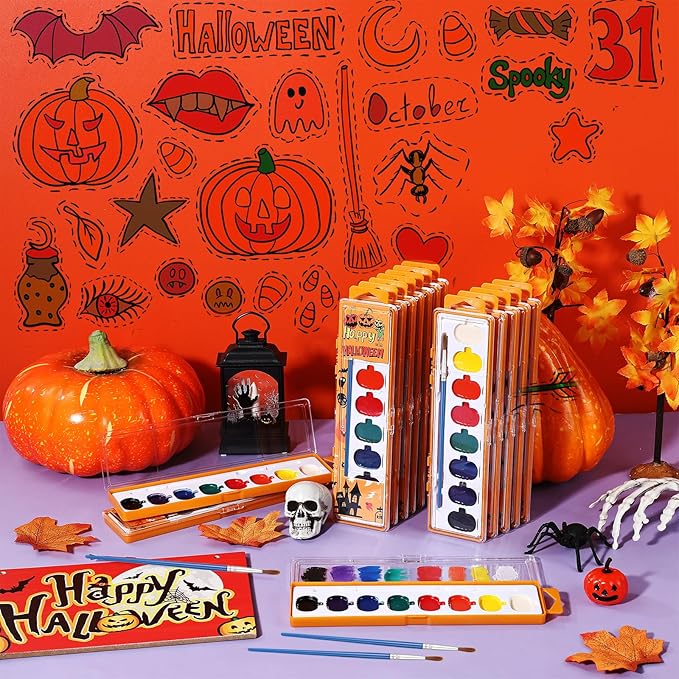 Halloween Pumpkin Watercolor Paint Set for Kids 8 Washable Colors with Brushes Water Color Painting Kit for Halloween Painting Kit Gift Party Supplies (60 Pack)
