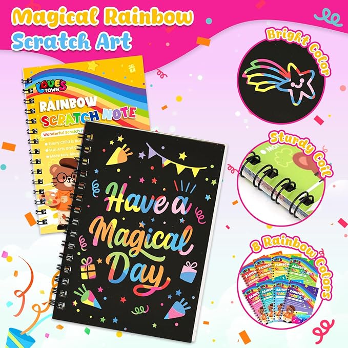 LovesTown Scratch Art Party Favors for Kids, 24 Pack Rainbow Scratch Notebook Craft School Supplies for Goodie Bags Stuffers Classroom Prizes Birthday Gift