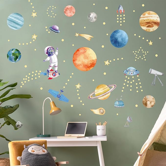 Watercolor Solar System Wall Decals, Glow in The Dark Stars, Kids Planets Sticker for Ceiling, Astronaut Wall Stickers for Bedroom, Blue