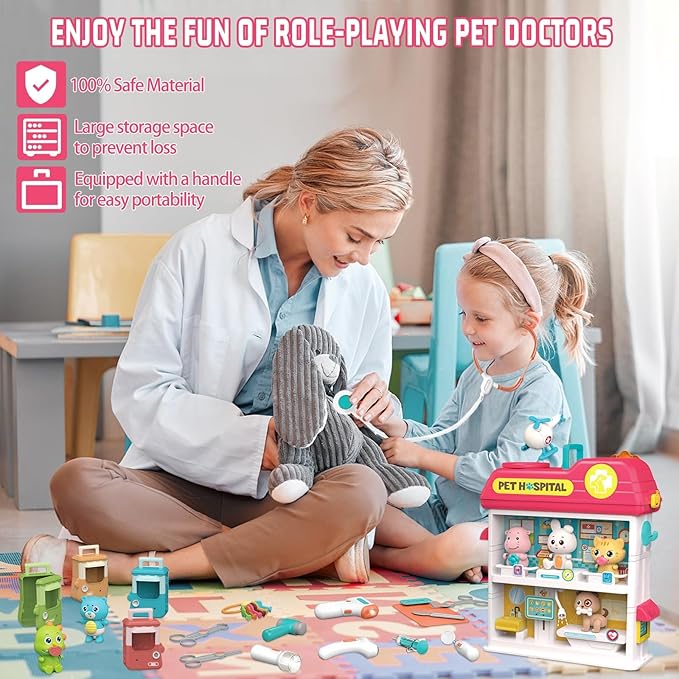 Pet Vet Toys Doctor Kit for Kids, Hospital Pretend Play Set Vet Clinic Toys with Light and Sound, Pet Care Playset Animal Grooming Toys Gifts for Girls Boys, Ages 3 and Up