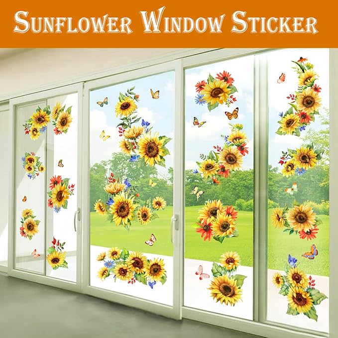 Sunflower Window Decals & Clings - Spring & Fall Decorations for Bedroom, Nursery, Living Room - Birthday Parties & Holidays