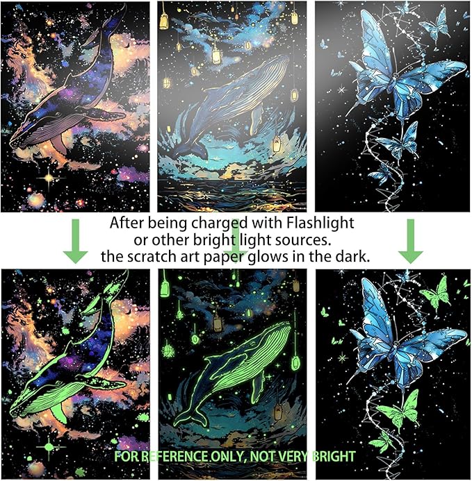 Glow in The Dark Scratch Art Paper，Engraved Landscape Scratch Painting Rainbow Board (12 Sheets A4) Adults, Fun Sketch Card Creative Craft Toy (Animals/Landscapes) by Iskueal.