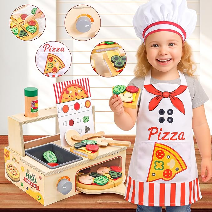 Wooden Pizza Toy, Montessori Pretend Play Toys, Wooden Pizza Counter Playset, Play Food and Accessories, Cooking Pretend Play Toys for Boys Girls Age 3+