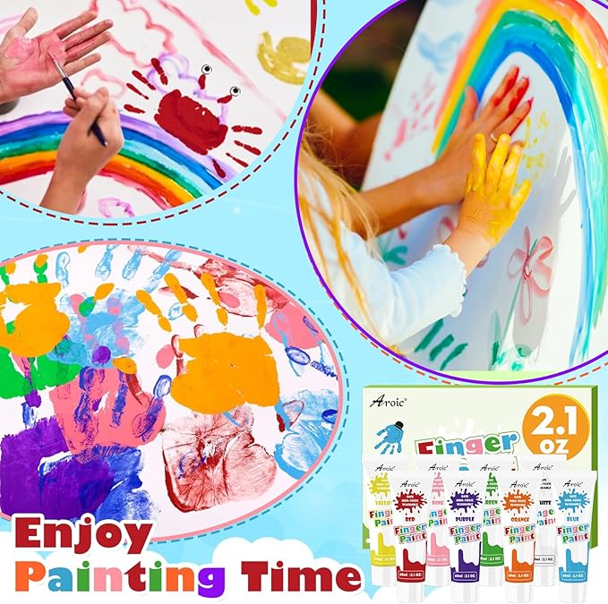 AROIC Non-Toxic Finger Paint Set for Kids & Toddlers-Vibrant Washable 8 Colors (60ml),Creative Art Gift for Boys Girls,Hand Painting Art Supplies for DIY Crafts & Early Education