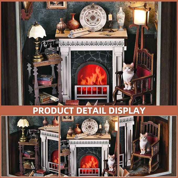 Book Nook Kit - 3D Wooden Puzzle with LED Switch Control & Wall-Mountable Frame，DIY Miniature House for Beginners，Bookshelf/Tabletop/Wall Decor for Craft Lovers，Dollhouse Gift,Fireplace