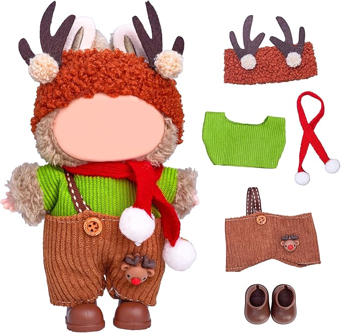 17cm Doll Clothes Set (No Doll), 5 Pieces Outfit Set for 6.7inch Dolls Suit, Stylish Adorable Dolls Christmas Clothes Accessories,Includes—Moose hat + Scarf + Top +Overalls+ Shoes(Style G)