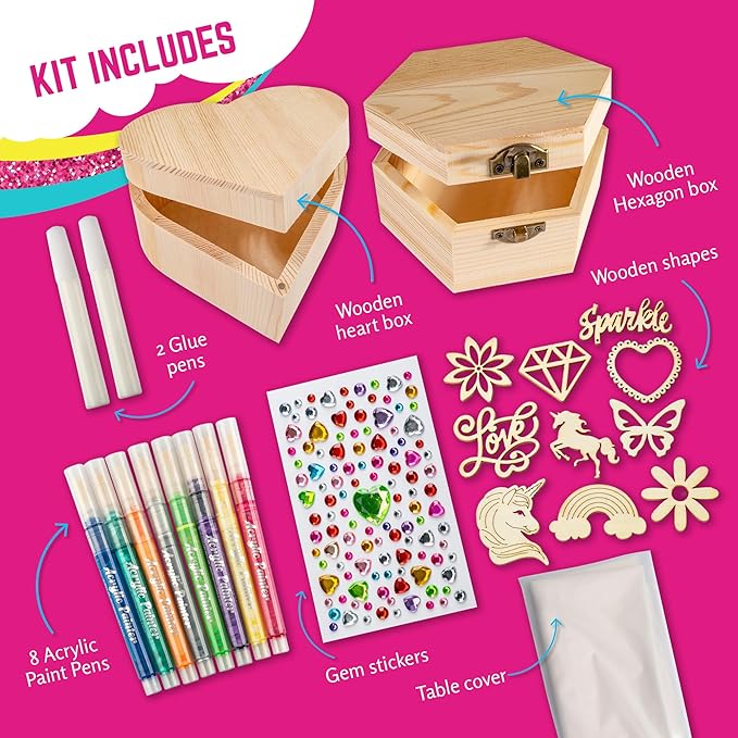 GirlZone Jewelry & Treasure Box, DIY Jewelry Box, DIY Craft for Kids Include Wooden Boxes, Shapes, Acrylic Paint Pens, Gem Stickers & Table Cover, Ideal Painting Crafts for Girls, Valentine Gifts