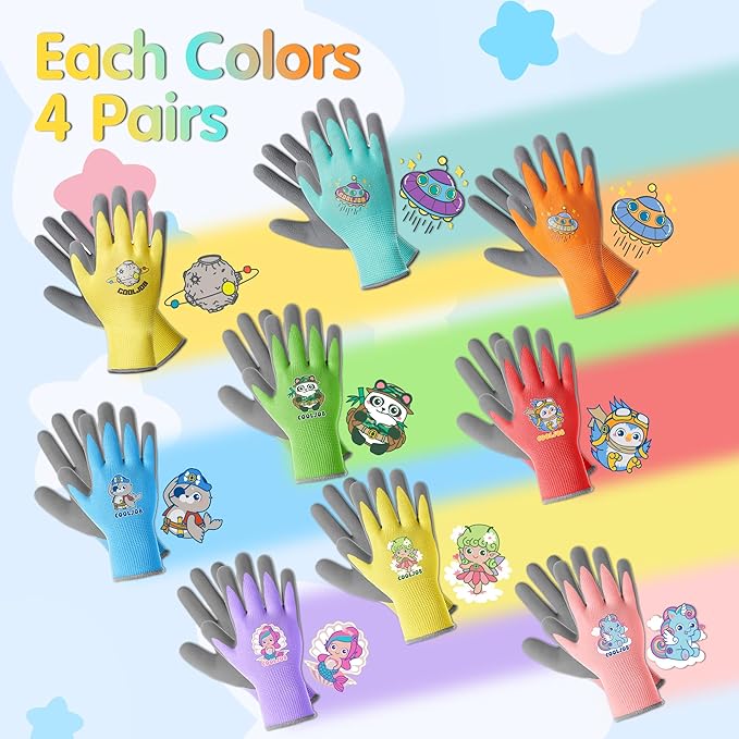 COOLJOB 36 Pairs Kids Gardening Gloves for Little Kid Age 9-12, Toddler Boys Girls Grippy Rubber Coated Children Work Gloves, Assorted Colors, Large