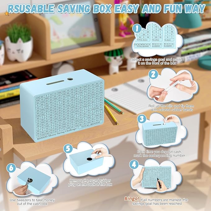 Wooden Money Saving Box, Cash Vault Savings Box for $10000 $5000 $3000 $1000 $800 $500 Target Money Saving Challenge, Reusable Money Box with Counter, Dry Erase Pen/Savings Trackers/Rubber Band-Blue
