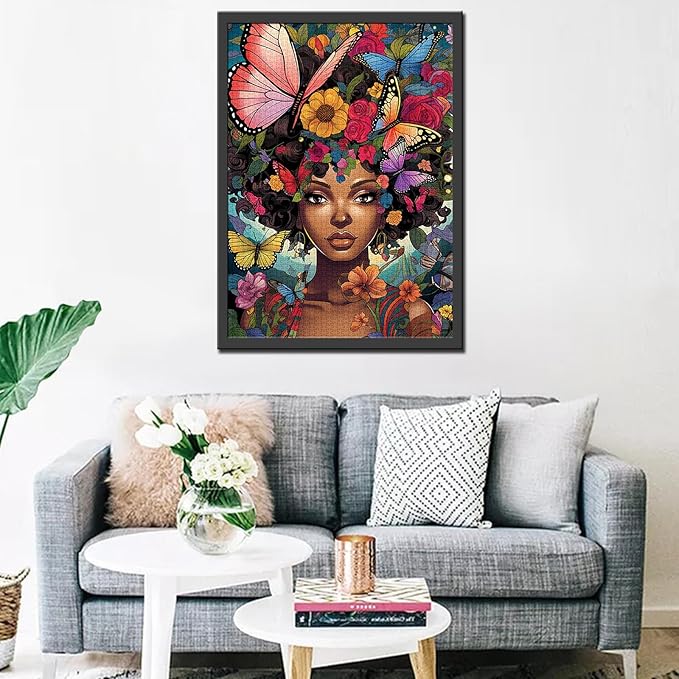 Tucocoo Afro Woman Jigsaw Puzzles for Adults 1000 Pieces, Abstract Butterfly Flower Black Girl Art Jigsaw Puzzle Colorful DIY Puzzles for Home Decoration Gifts, Family Puzzle Perfect for Game Nights