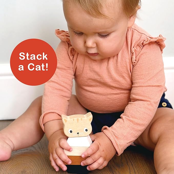 Mentari Toys - Stacking Kitten - 5pcs Wooden Animal Stacker Toddler Toy - Natural Wood Stacking Blocks - Boost Fine Motor Skills - Toddler Educational Toy - Age 12m+