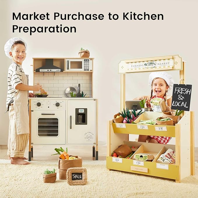 Tiny Land Wooden Play Store – Pretend Farmers Market & Coffee Shop with Cash Register, DIY Price Tags, Chalkboard, Pretend Grocery Store Role Play Toy for Toddlers
