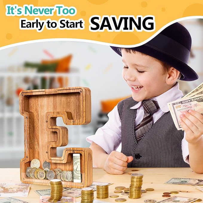 SummiDate Wooden Letter Piggy Bank for Kids| Piggy Bank for Boys Girls Toddler| Alphabet E Money Bank| Wood Coin Bank Personalized Birthday Easter Gift for Kids (E)