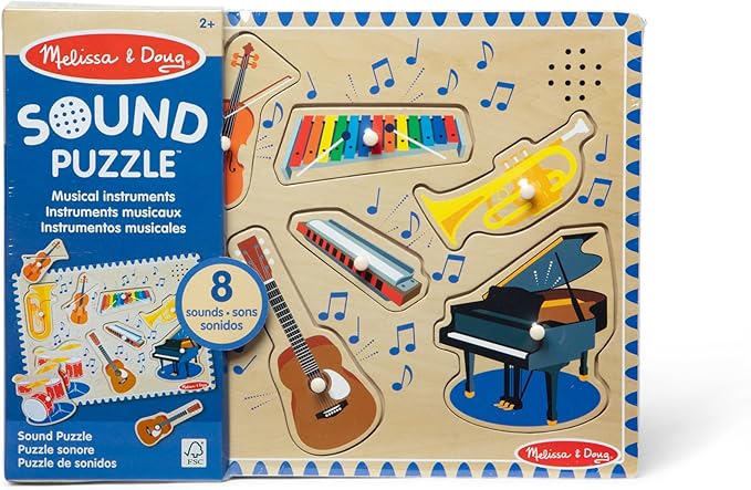 Melissa & Doug Musical Instruments Sound Puzzle - Wooden Peg Puzzle with Light-Activated Sound Effects (8 pcs) Wooden Peg Baby Music Learning Toys, for Toddlers and Preschoolers Ages 2+