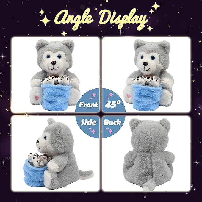 Hopearl LED Plush Husky with Removable Bucket Lighting Up Stuffed Mommy Dog with 3 Baby Puppies in Basket Floppy Stuffed Animal Playset Night Lights Glow in The Dark Birthday Gifts for Kids, 10''