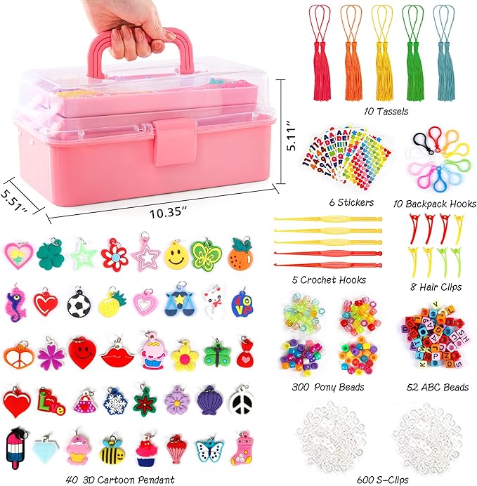 INSCRAFT 17500+ Rubber Loom Bands with 3 Layer Rose Pink Container, 28 Colors, 600 S-Clips, 352 Beads, 40 Cartoon Pendant, Bracelet Making Refill Kit for Kids