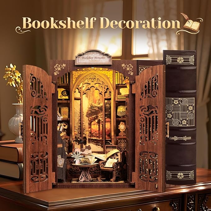 CUTEBEE DIY Book Nook Kit, Miniature House Kits for Adult and Teens, DIY Miniature Book Nook kit with Sensor Led Light, Gifts for Lovers and Family (Bookshop Memories)
