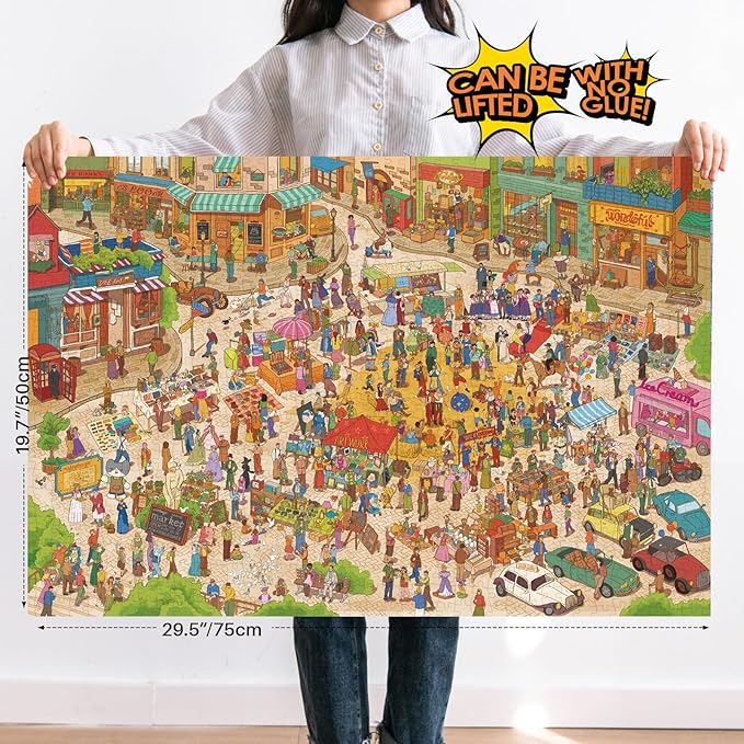 MOMIBOOK Puzzles for Adults 1000 Pieces Jigsaw Puzzles of Happy Shopping at The Market, Painting Image Town Difficult Challenging Hard Impossible Puzzle Unique Funny Party Christmas Birthday Gifts