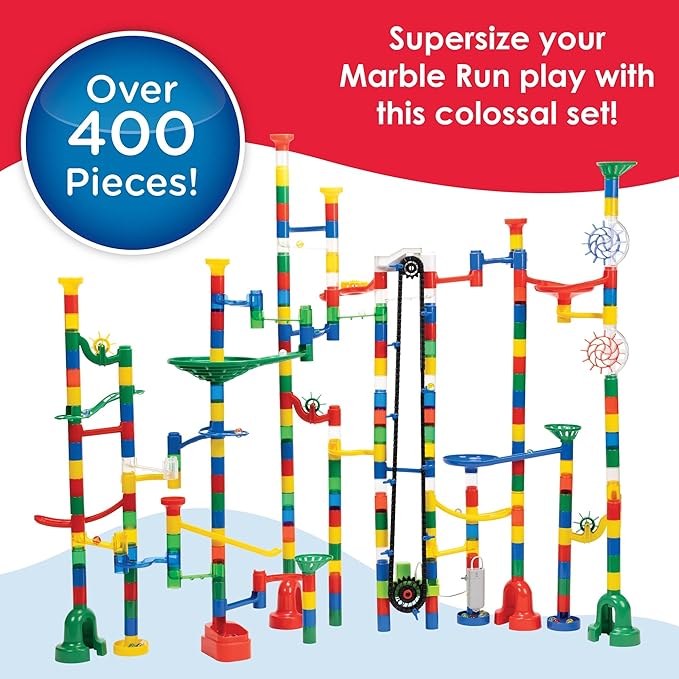MindWare Colossal Elevator Marble Run – 400-Piece Marble Maze Building Toys Set with Unique Marble Track Pieces, 150 Tubes, 9 Funnels, 50 Marbles and More with Wheeled Storage Bin