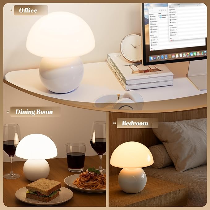 NATSUKASHI Mushroom Lamp for Bedroom - White Ceramic Mushroom Table Lamp with Remote, Dimmer & Cord Clip - Mid Century Modern Aesthetic Desk Lamp for Nightstand, Living Room, Gift Decor