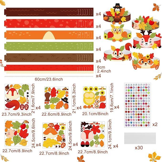 Cinrobiye 24 Sets Fall Crafts Kits Autumn Animal Paper Crown Craft Kit Bulk DIY Harvest Headbands Craft for Holiday Thanksgiving Birthday Party Favors Gift Home School Art Project Activity Game Prizes