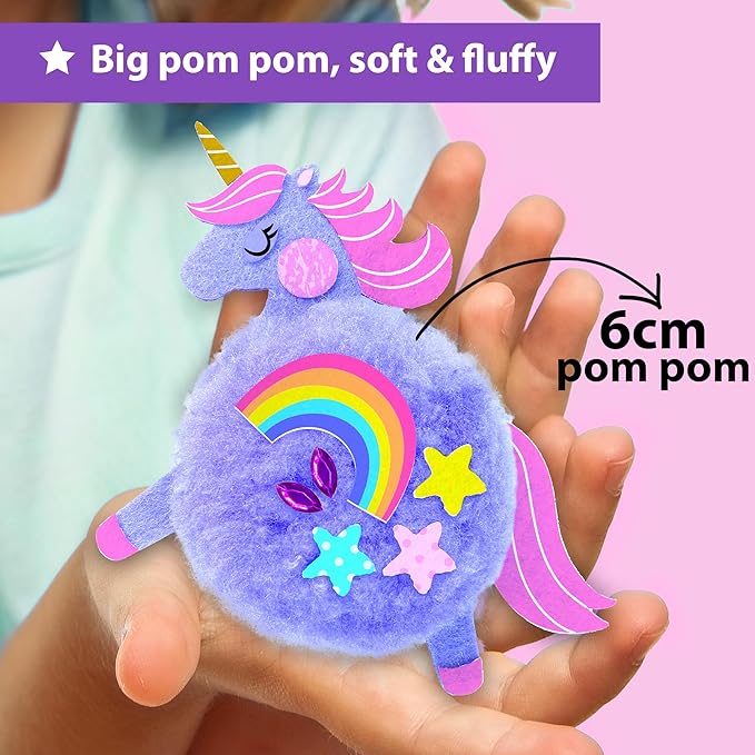 KRAFUN Easy Pom Pom Craft Kit for Girls, 8 Cute Crafts (Unicorn, Fairies), Felt Stickers, Instructions, Creative DIY Set, Adorable Educational Toy