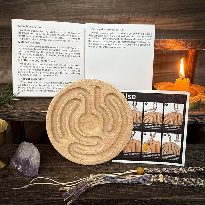 Mindful Breathing Boards with Guiding Book, Decorative Rope, Wooden Finger Maze for Learning Clam Down, Concentration, Stress Relief, Meditation, Home Decor