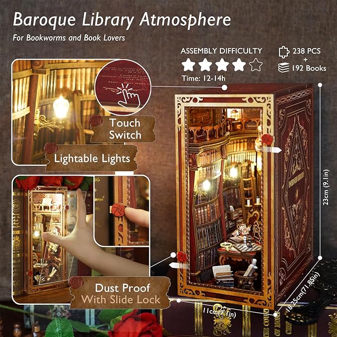 DIY Book Nook Kit, Beauty and The Beast, Dollhouse Miniature, Booknook Bookshelf Insert Decor Alley 3D Wooden Puzzle, Bookends Model Building Kit with LED Light for Adults, Enchanted Library