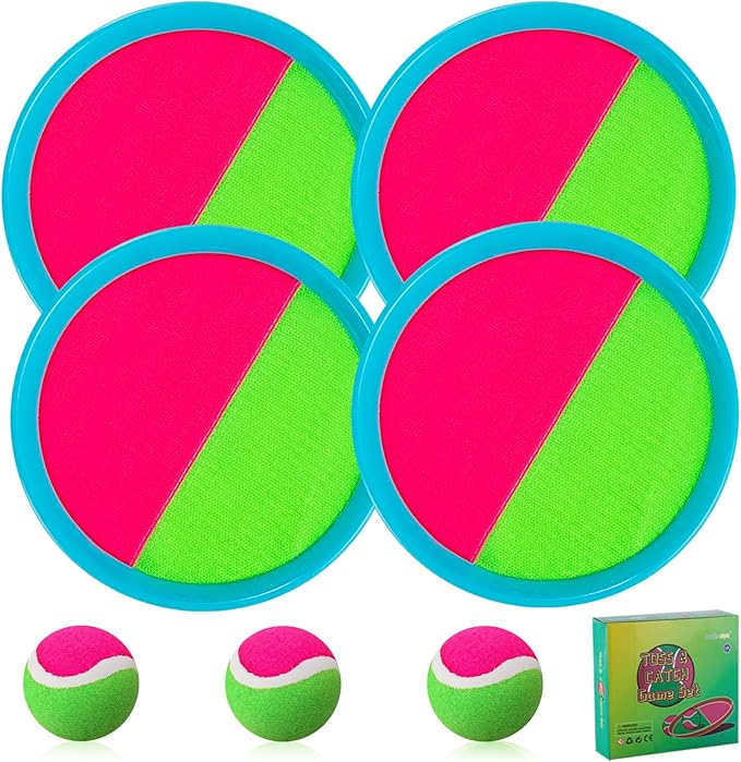 Beach Games, Outdoor Toys for Kids Ages 4-8, Toss and Catch Ball Set, with 4 Paddles 3 Balls, and 1 Storage Bag, Beach Toys Easter Gifts for Kids -2 Pink + 2 Blue