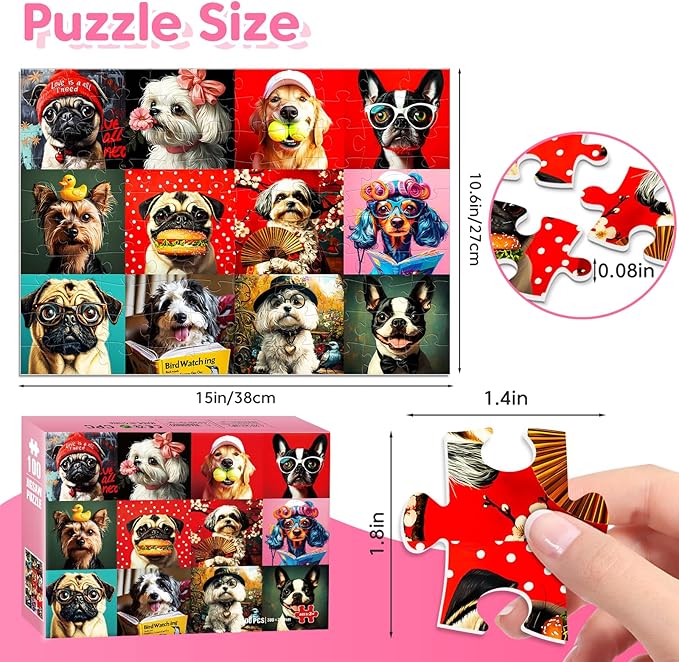 100 Piece Puzzles Multicolor Fun Dogs, Large Piece Jigsaw Puzzle for Kids Ages 4-6 6-8 8-10, Puppy Theme Puzzles for Teens Seniors Adults, Collection Gift Home Art Decor Toys Gifts for Girls Boys