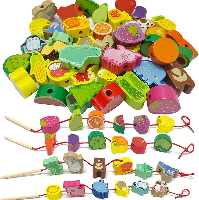 46 PCS Wooden Lacing Beads,Animals Fruits Threading Toys for Toddlers,Preschool Learning Lacing Toys,Montessori Educational Stringing Threading Beads Toys for Kids 3 4 5 6 Year Old Boys Girls