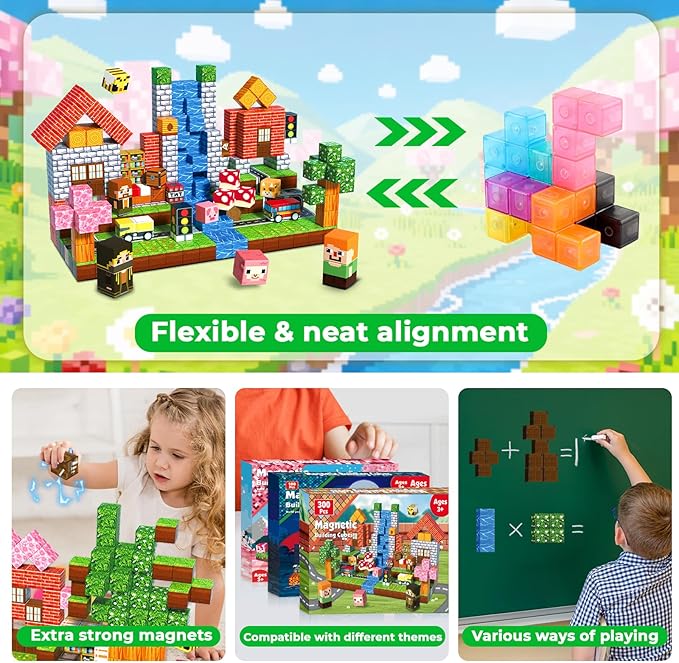 300 PCS Magnetic Blocks - Magnetic Building Block for Kids Ages 4-8 8-12, Creative Construction Stacking Magnet Block Sets, Magnet Cubes Tiles Building Toy for Girl Boy Age 3+ Halloweens Birthday Gift