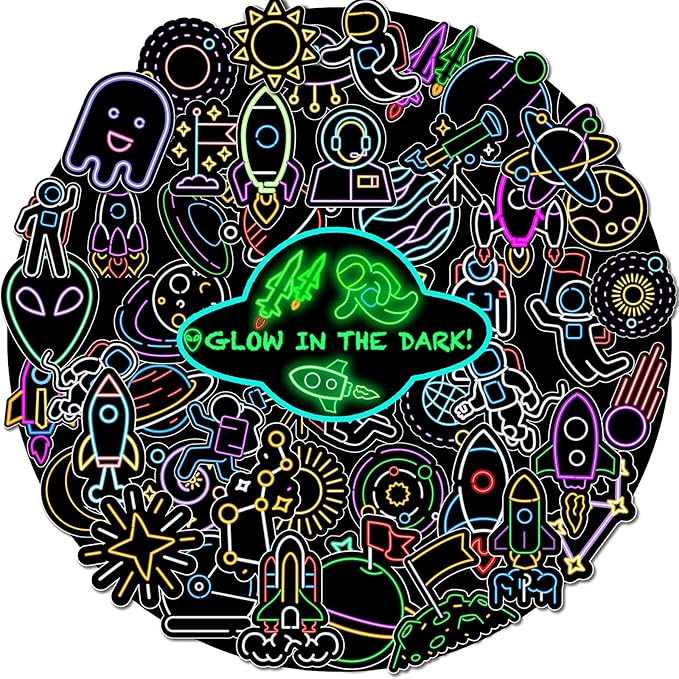 52 PCS Glow in The Dark Neon Space Stickers for Kids, Waterproof Water Bottle Stickers for Kids Astronaut Planet Vinyl Laptop Decals for Teens Girls Boys