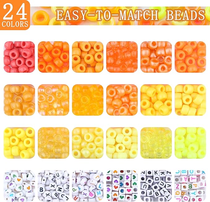 XIANNVXI 24Colours Yellow Pony Beads for Bracelet Friendship 720pcs Letter Kandi Yellow Pony Beaded Kit Bracelet Making Kit for Jewelry DIY Crafts