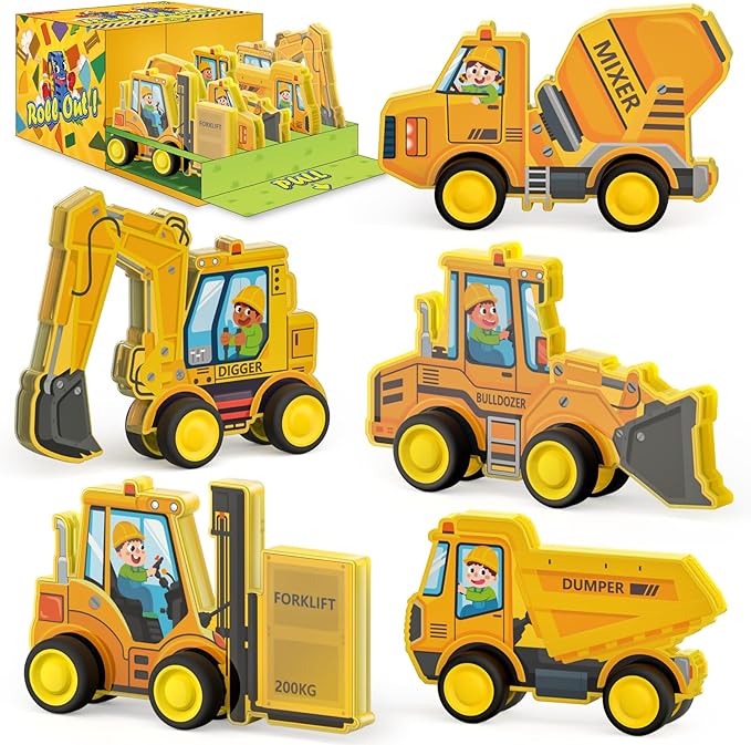 Oriate Rolling Construction Toys for Magnetic Tiles, 5pcs Construction Vehicle Toys Compatible with Magnet Tiles, Kids Trucks for Magnetic Building Blocks Magnetic Tiles, Educational Gift Boys Girls