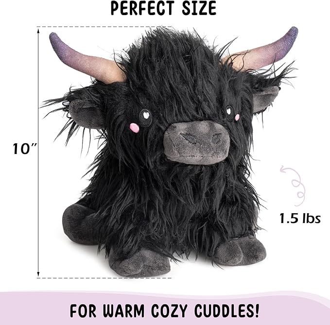 Happy Fuel Highland Cow Microwavable 1.5lbs Unscented Heating Pad for Women & Kids- Cute Soft Cozy Pillow Plush Heatable Warm Stuffed Animals- Kawaii Hot & Cold Plushie Toy- Cow Gifts for Girls & Boys